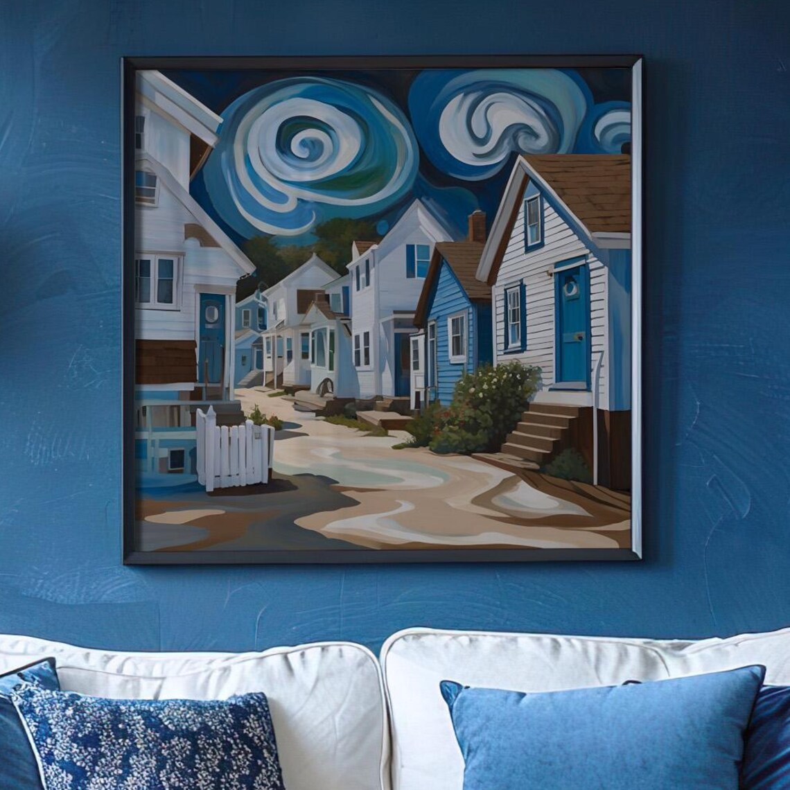 Coastal Cottage Street Starry Night Swirling Sky Blue Houses Poster