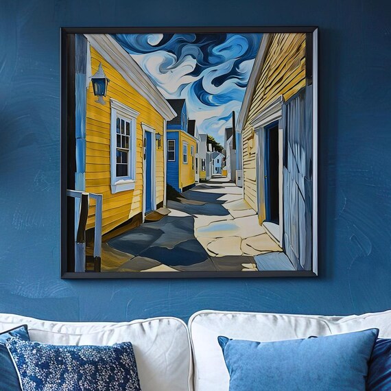 Colorful Coastal Village Yellow Houses Swirling Sky Naive Painting Poster