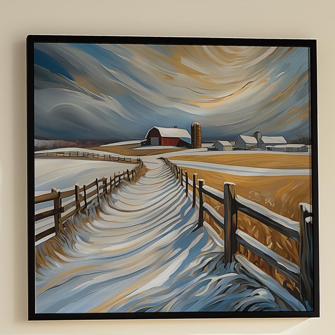 Peaceful Snowy Farm Road Red Barn Swirling Winter Sky Art Poster