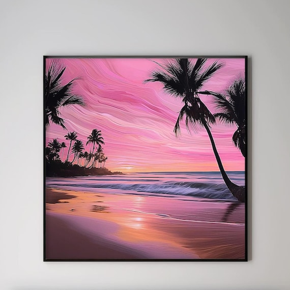 Tropical Pink Sunset Beach With Palm Tree Silhouettes Coastal Wall Art