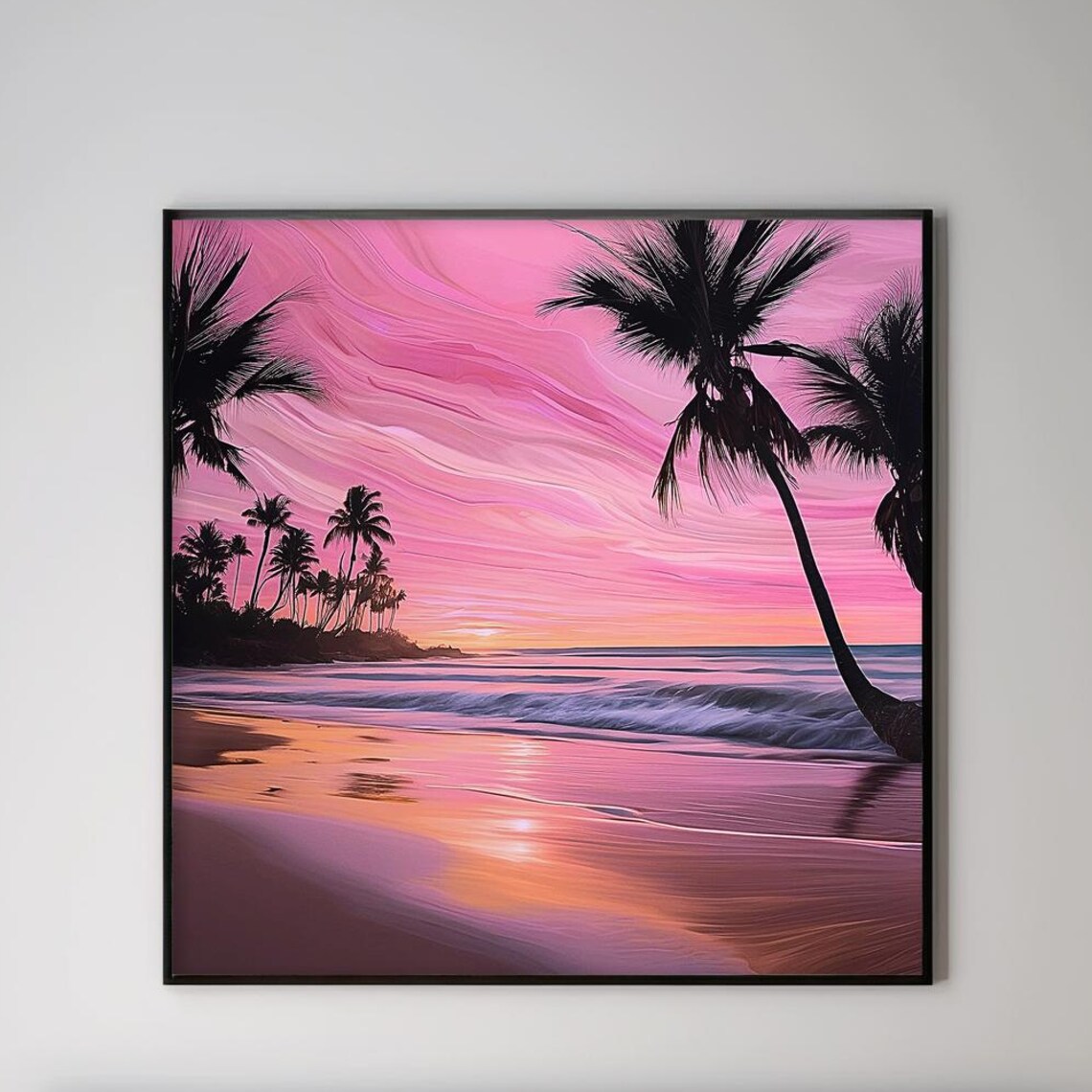 Tropical Pink Sunset Beach With Palm Tree Silhouettes Coastal Wall Art