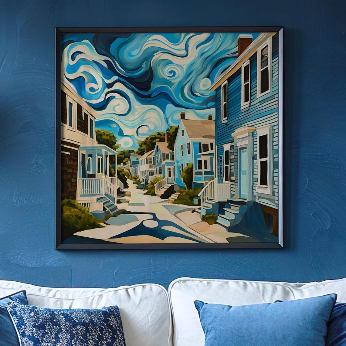 Coastal Village Walkway Starry Night Swirling Sky Seaside Poster