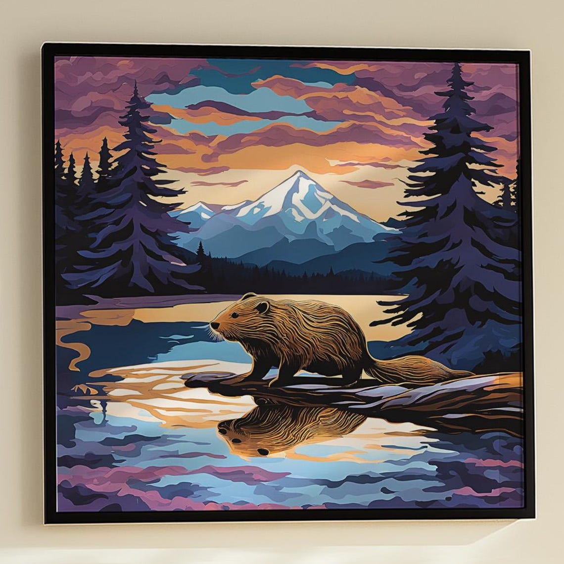 Beaver On Log Art Print, Mountain Lake
