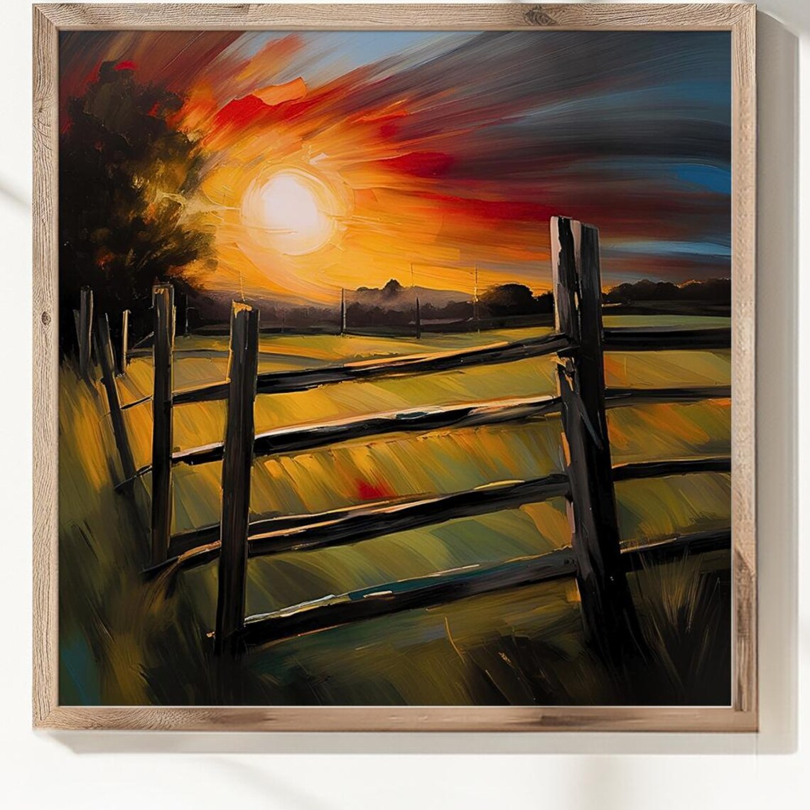 Rustic Farm Fence Sunset Field Oil Painting Country Golden Hour Poster