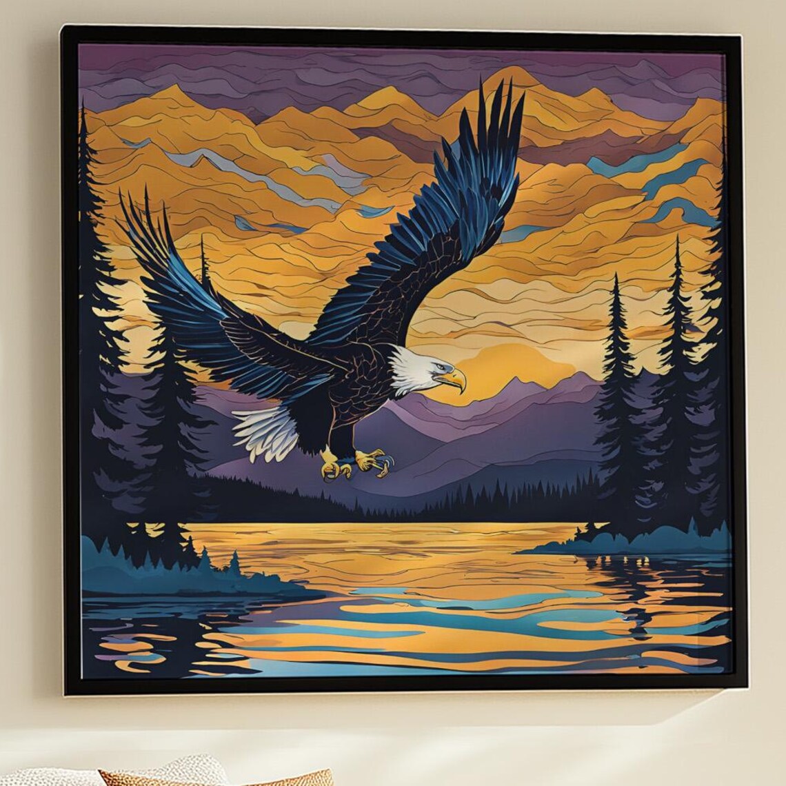 Bald Eagle Soaring Sunset Golden Lake Mountain Mosaic Wildlife Art Poster