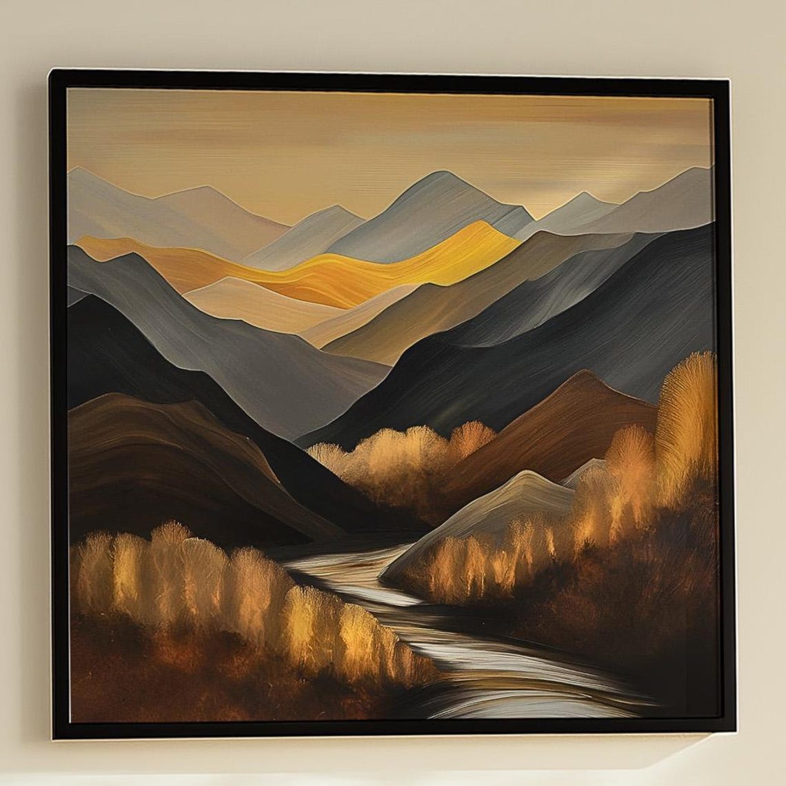Golden Mountain Valley Canvas Print Or Poster Autumn River Landscape Wall Art 176
