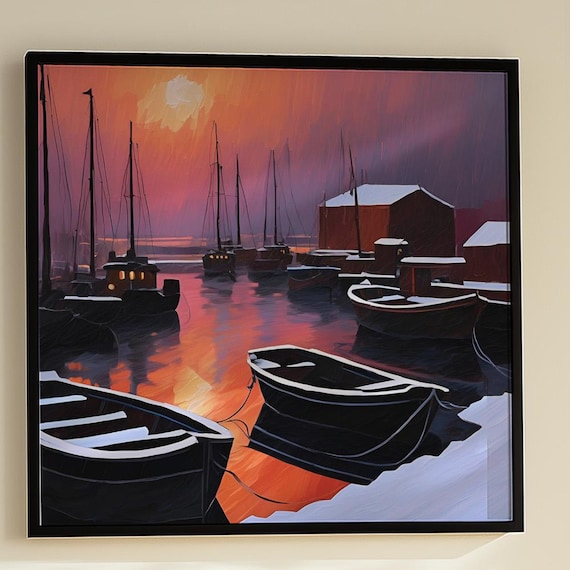 Winter Harbor Sunset Snowy Boats Dock Orange Sky Painting Poster