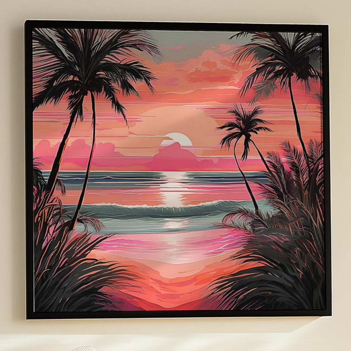 Tropical Sunset Beach Poster Print, Palm Tree