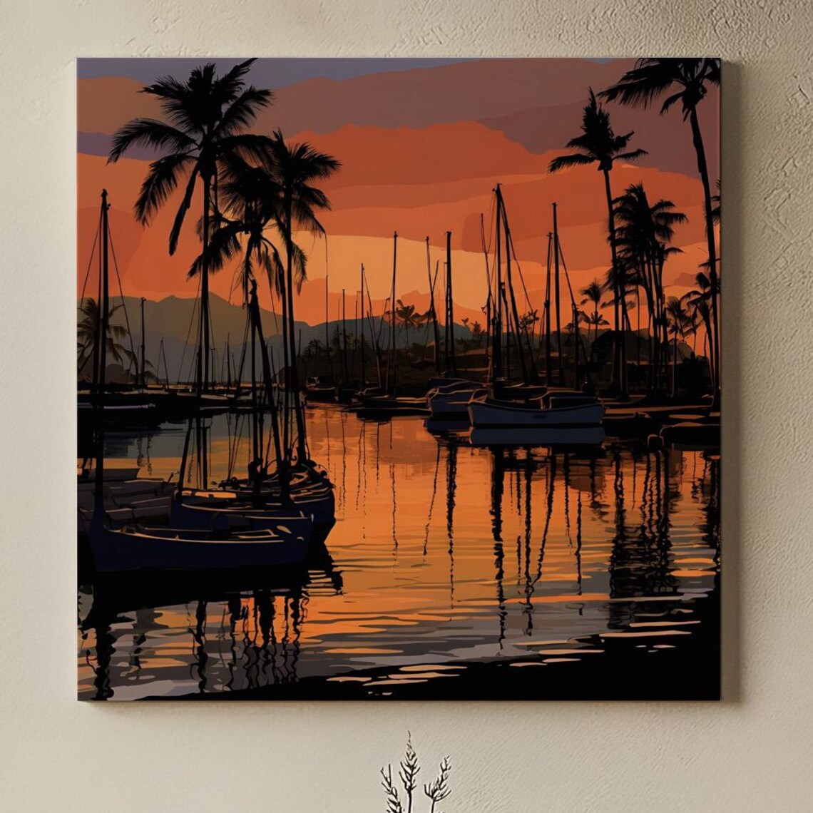 Tropical Marina Sunset Travel Poster, Coastal Scene