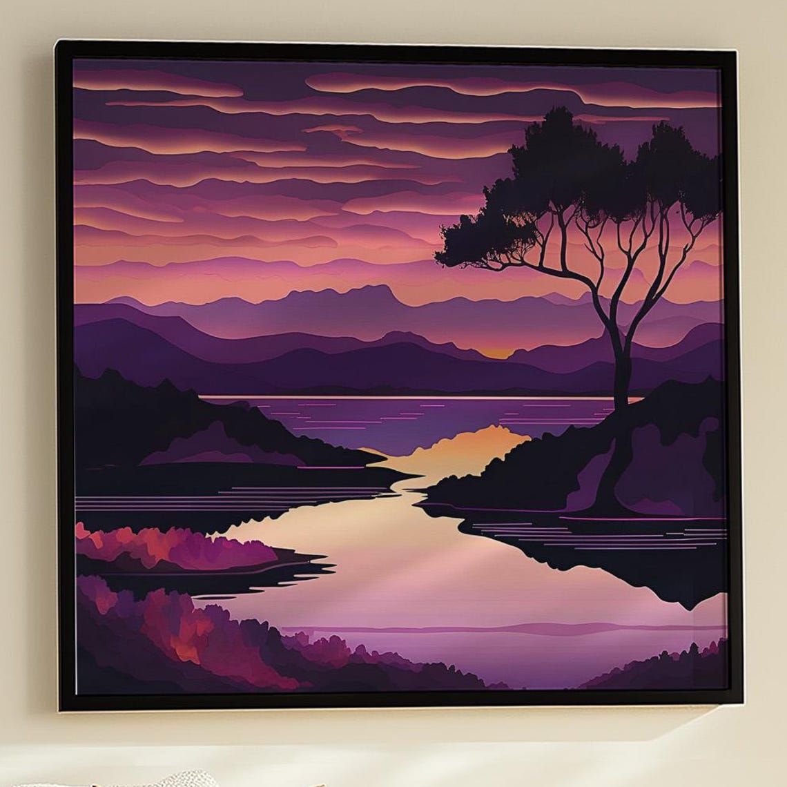 Dreamy Purple Sunset Lake Mountains Silhouette Tree Artwork Poster