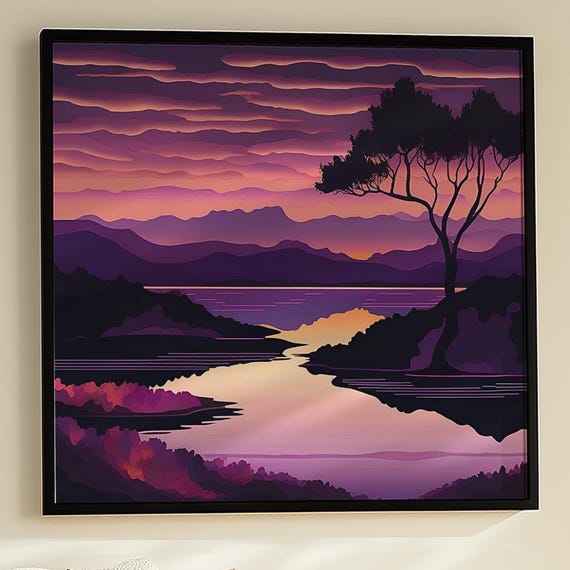 Dreamy Sunset Lake Art Print Framed Or Unframed Canvas Poster 69