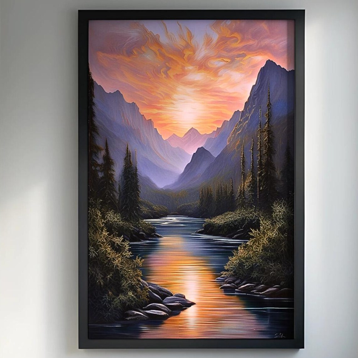 Majestic River Sunset Poster Print, Mountain Landscape
