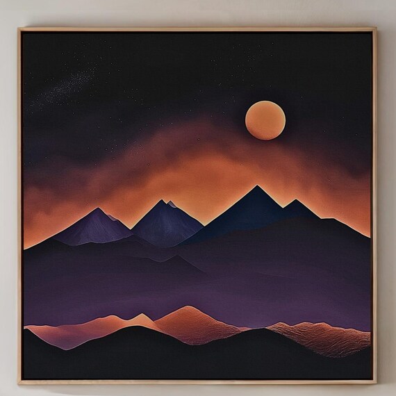 Orange Moon Over Mountains Mountain Wall Art Framed Or Unframed Canvas Poster 241