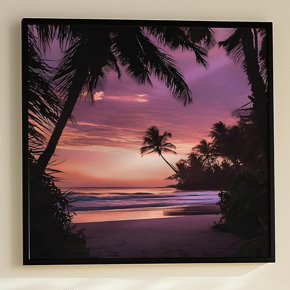 Lavender Sunset Beach Palm Tree Silhouettes Tropical Paradise Art Poster