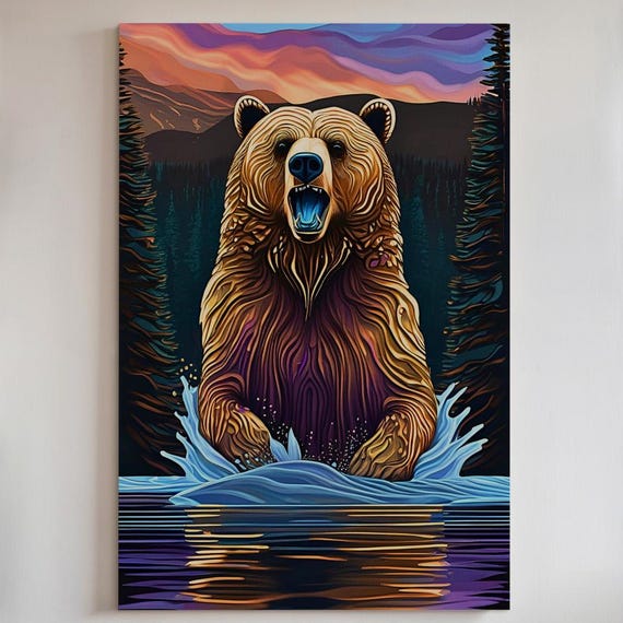 Roaring Grizzly Bear Canvas Print Or Poster Wilderness Sunset Wall Art 166