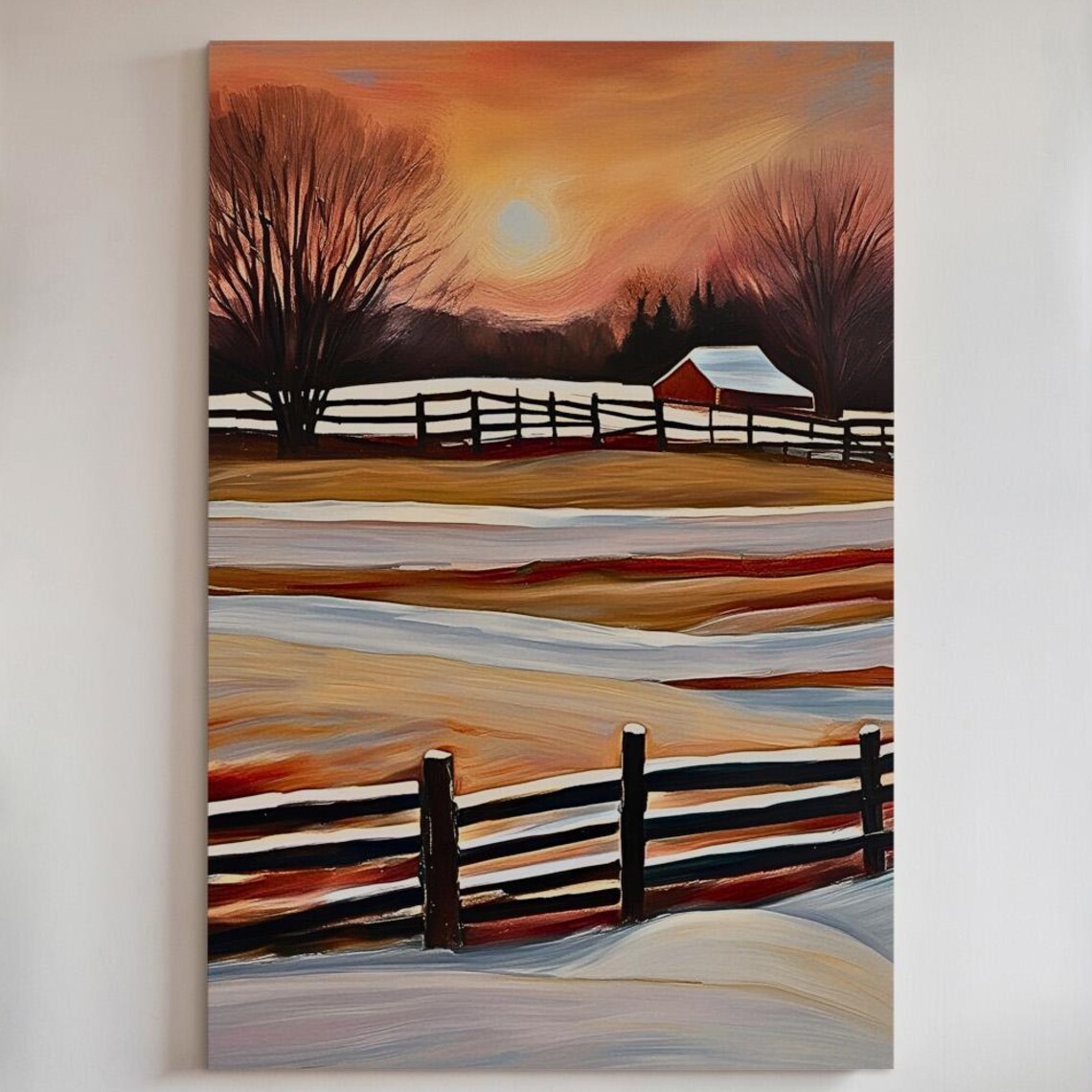 Winter Barn Landscape, Country Sunset Art Print