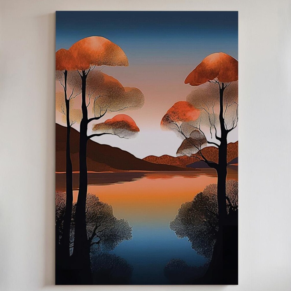 Minimalist Sunset Lake Orange Trees Silhouette Peaceful Nature Art Print