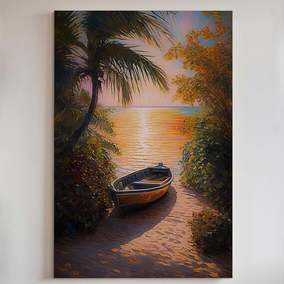 Tropical Sunset Rowboat Beach Painting Golden Ocean Palm Serene Wall Art