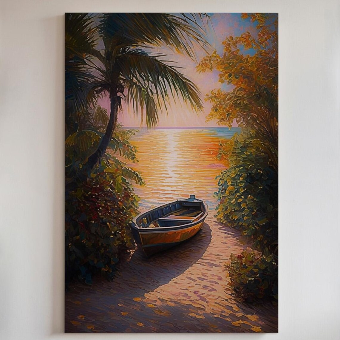 Tropical Sunset Rowboat Beach Painting Golden Ocean Palm Serene Wall Art