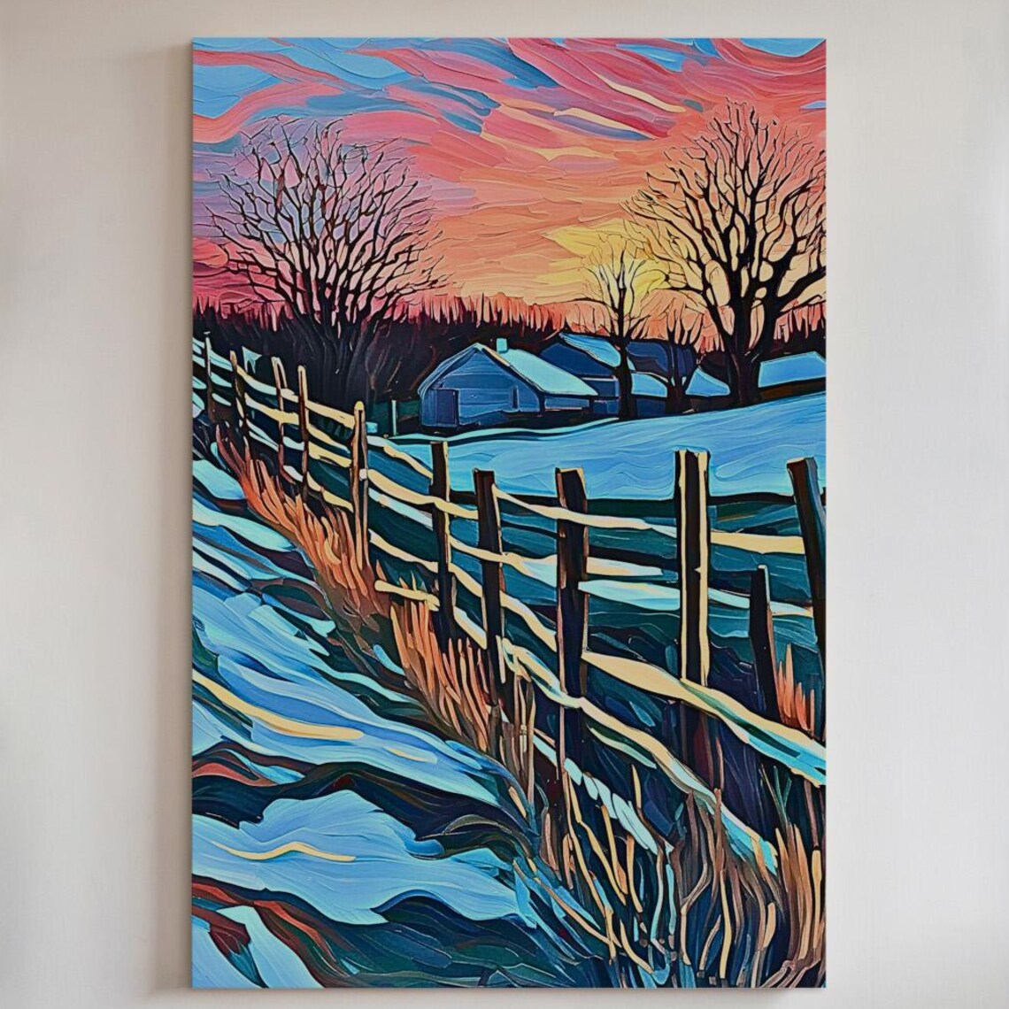 Winter Sunset Farmhouse Snowy Fence Painting Pink Blue Dusk Art Poster