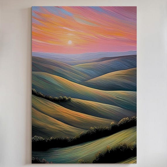 Pastel Sunset Rolling Hills Canvas Print Or Poster Elegant Mountain Landscape Art 138