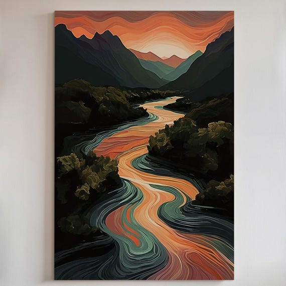 Abstract Sunset Mountain River Canvas Print Or Poster Modern Nature Wall Art 217