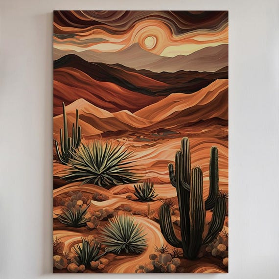 Desert Sunset Cactus Art Print, Southwestern Boho