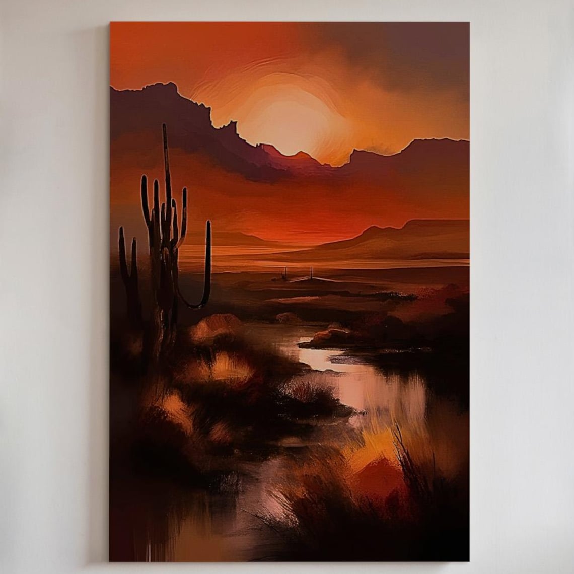 Desert Sunset Saguaro Cactus Dramatic Orange Sky Southwest Art Poster