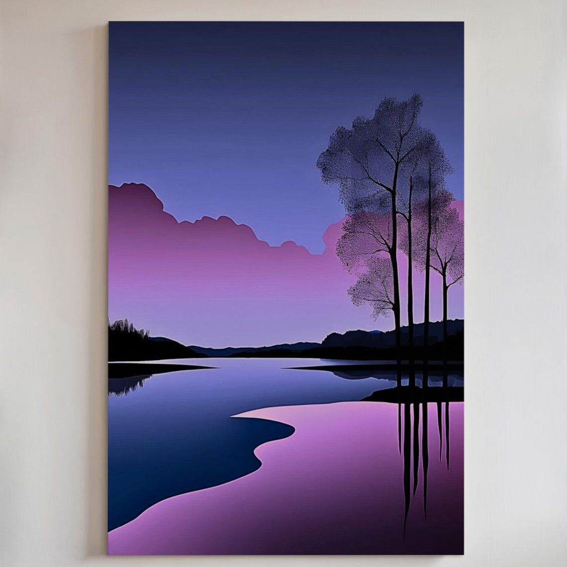 Serene Purple Twilight Lake Tree Silhouette Calm Water Art Poster