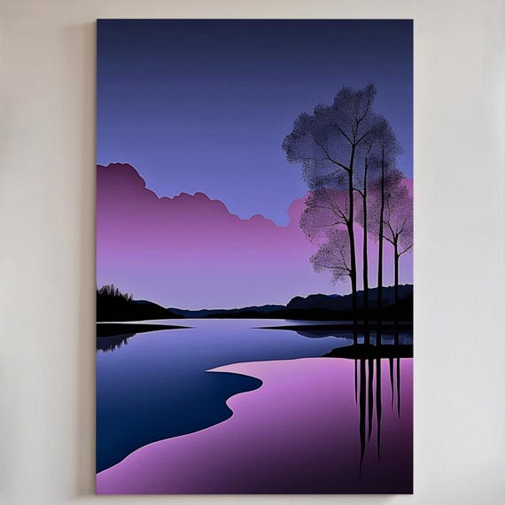 Purple Sunset Lake Canvas Print Or Poster Serene Twilight Landscape Wall Art 190