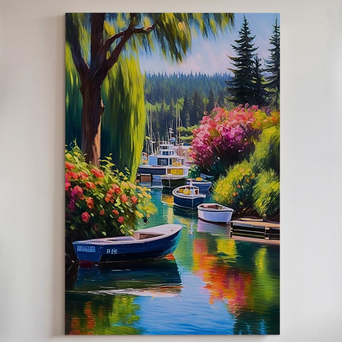 Summer Harbor Boats Floral Shoreline Painting Colorful Coastal Scene Poster