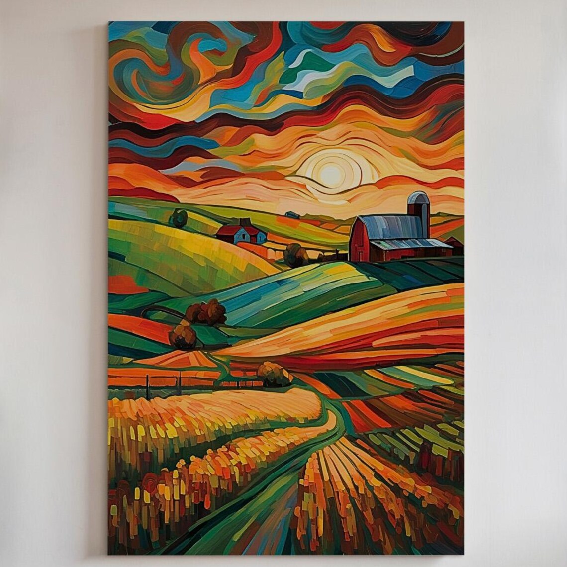 Impressionist Farmhouse Sunset Landscape Art Print