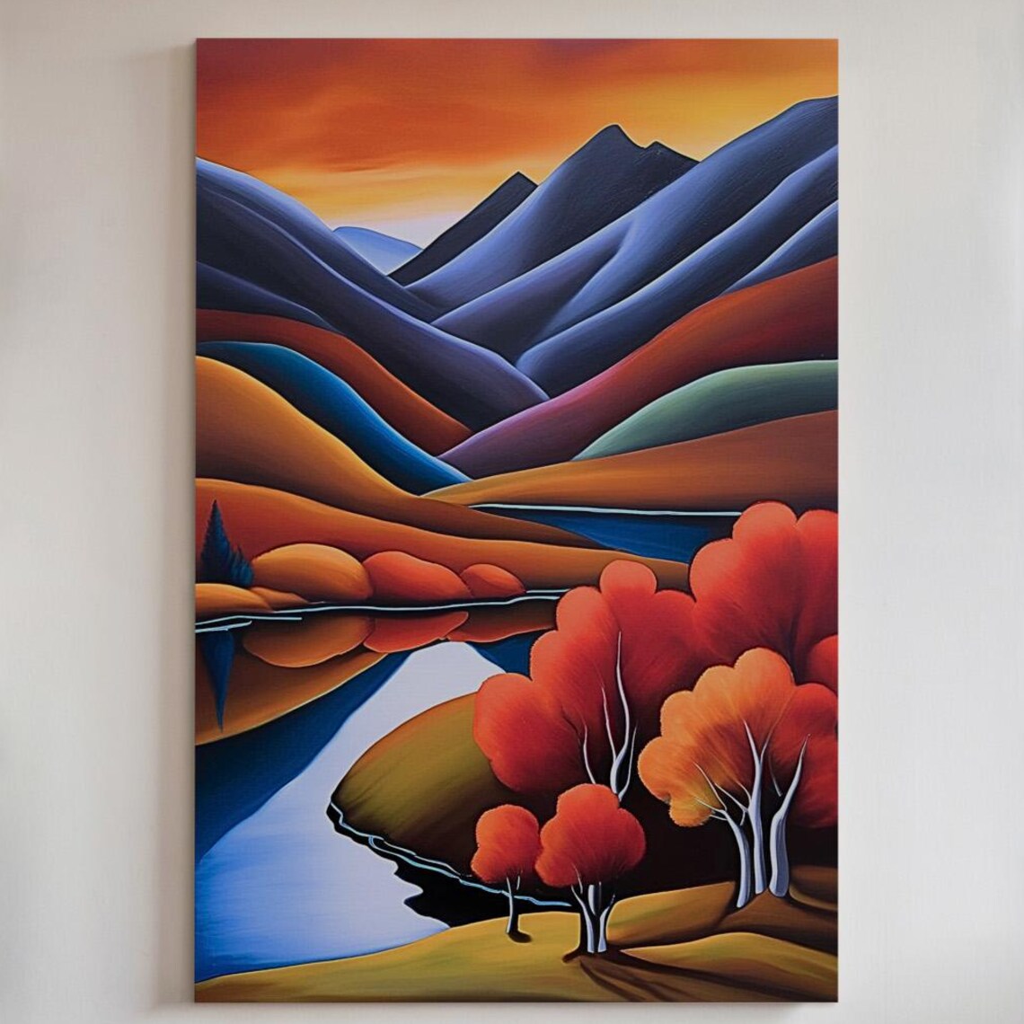 Abstract Mountain Lake Poster, Autumn Landscape