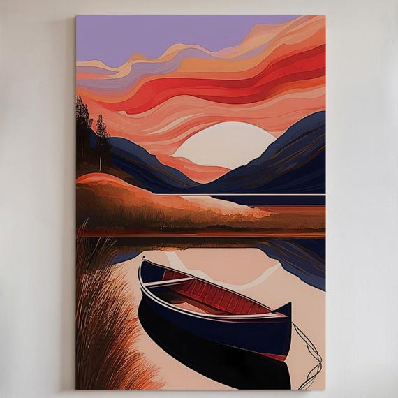 Sunset Canoe Lake Art Mountain Landscape Canvas Print Or Poster 11