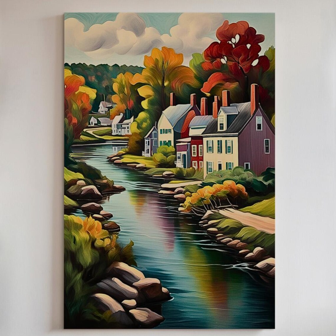 Riverside Village Art Print, Autumn Landscape