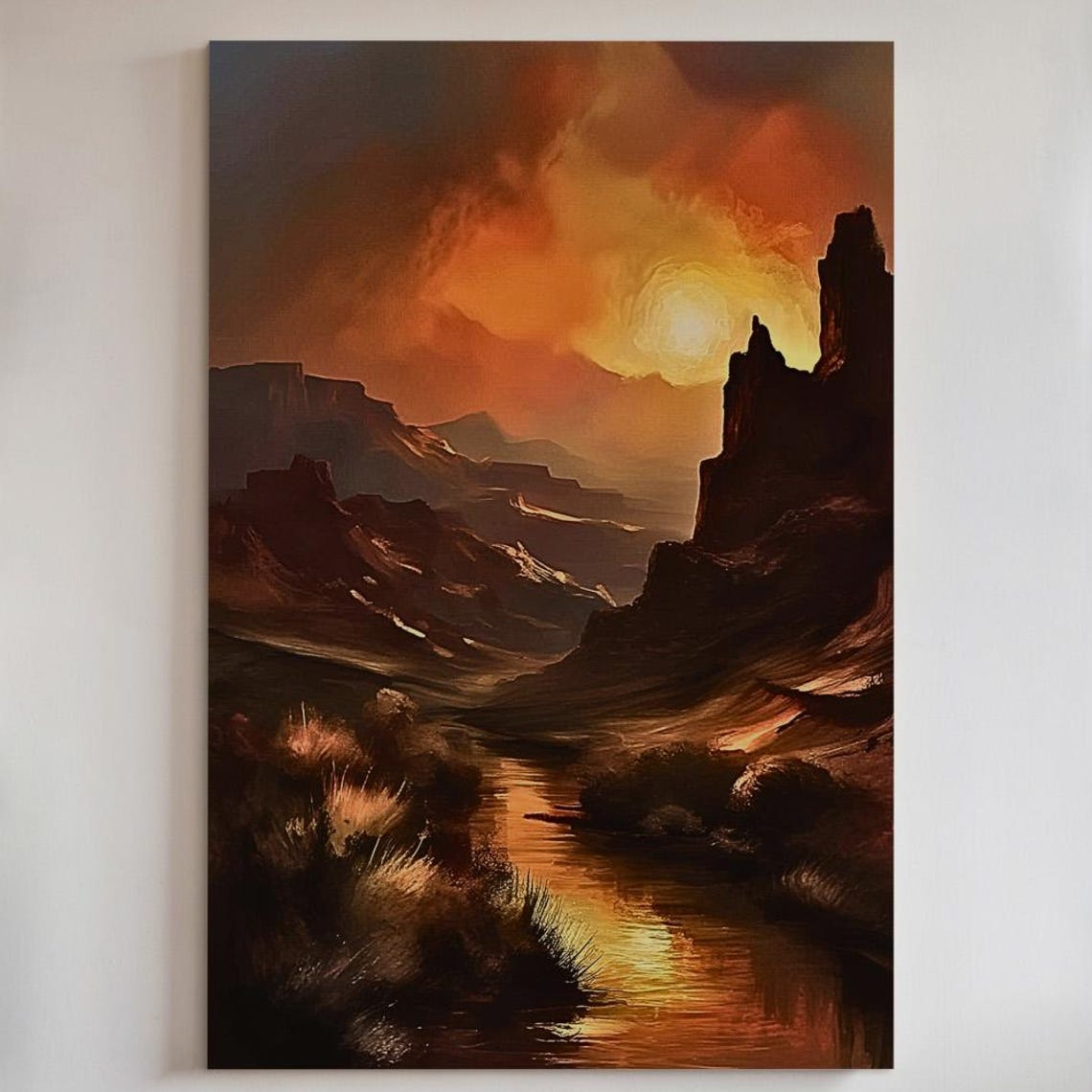 Desert Canyon Sunset Art Dramatic Red Rock Golden River Oil Poster