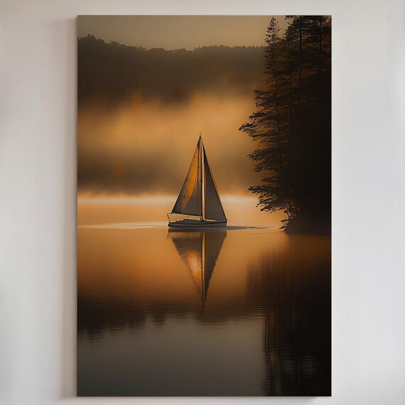 Misty Morning Sailboat Art Print, Lake Sunrise