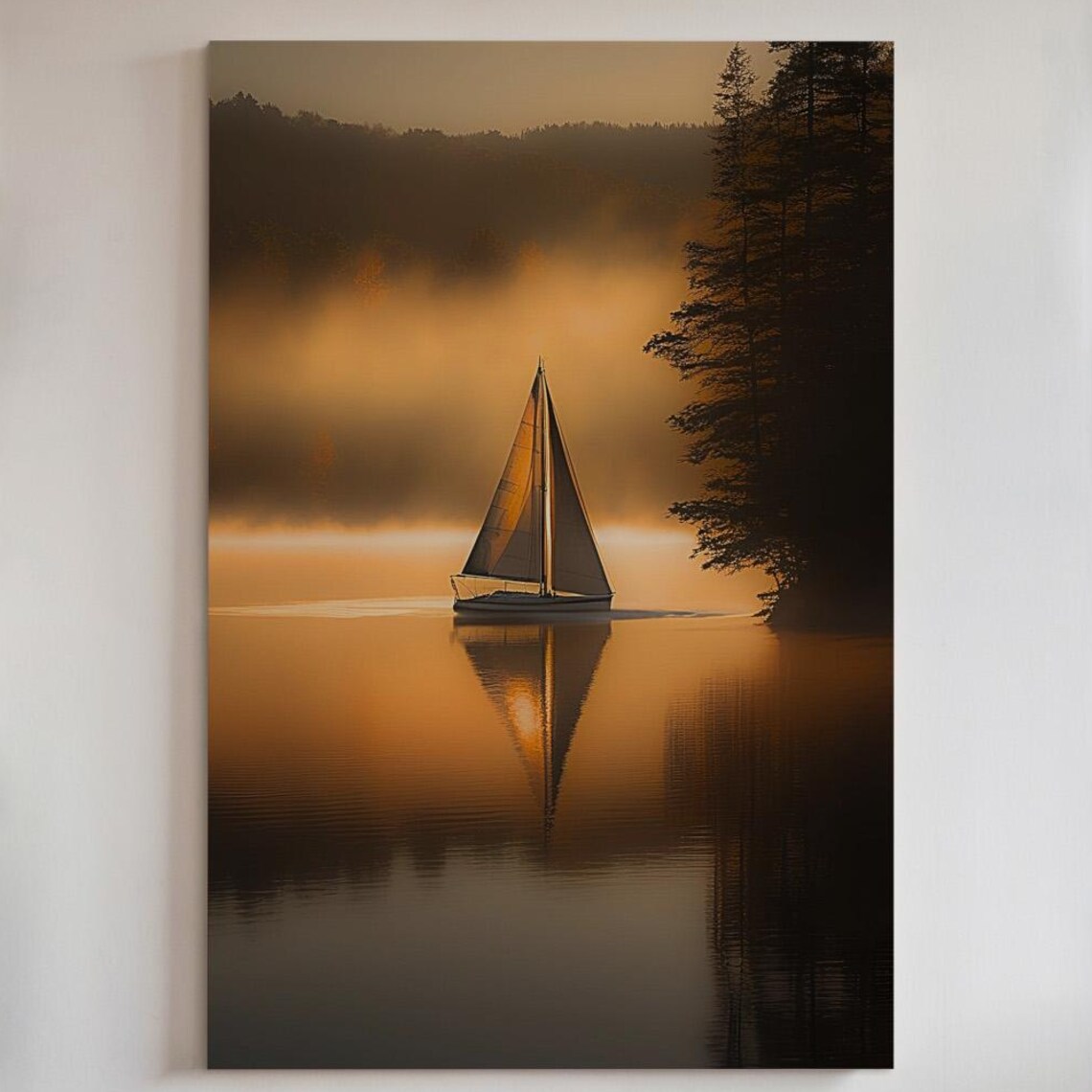 Misty Morning Sailboat Art Print, Lake Sunrise