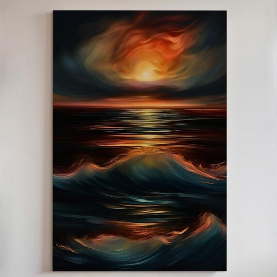 Vivid Ocean Sunset, Abstract Coastal Seascape Art Print