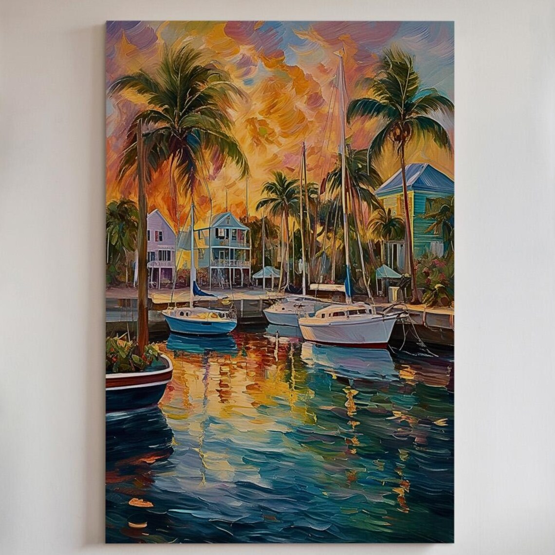 Tropical Marina Sunset Sailboats Palm Trees Harbor Art Poster