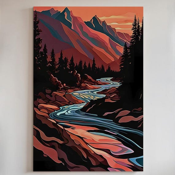 Abstract Mountain Sunset Canvas Print Or Poster Colorful Landscape Wall Art 219