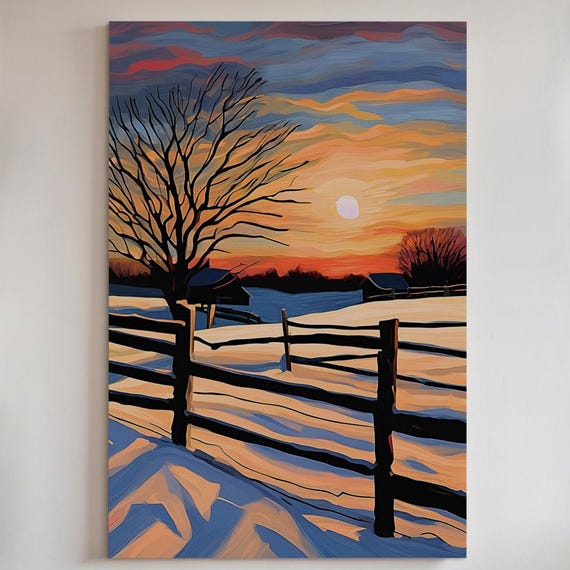 Winter Farm Sunset Canvas Art Print Or Poster Rustic Country Landscape 151