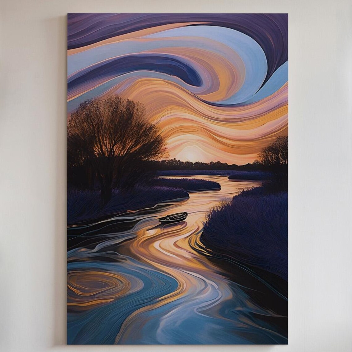 Dreamy Evening Rowboat River Sunset Swirling Sky Golden Art Poster