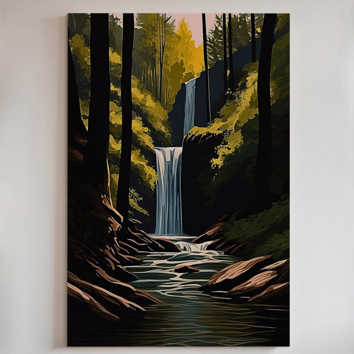 Twin Waterfall Forest Stream Serene Landscape Painting Wall Art