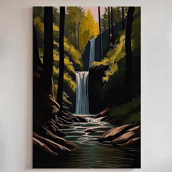 Double Waterfall Canvas Print Or Poster Serene Forest Landscape Wall Art 79
