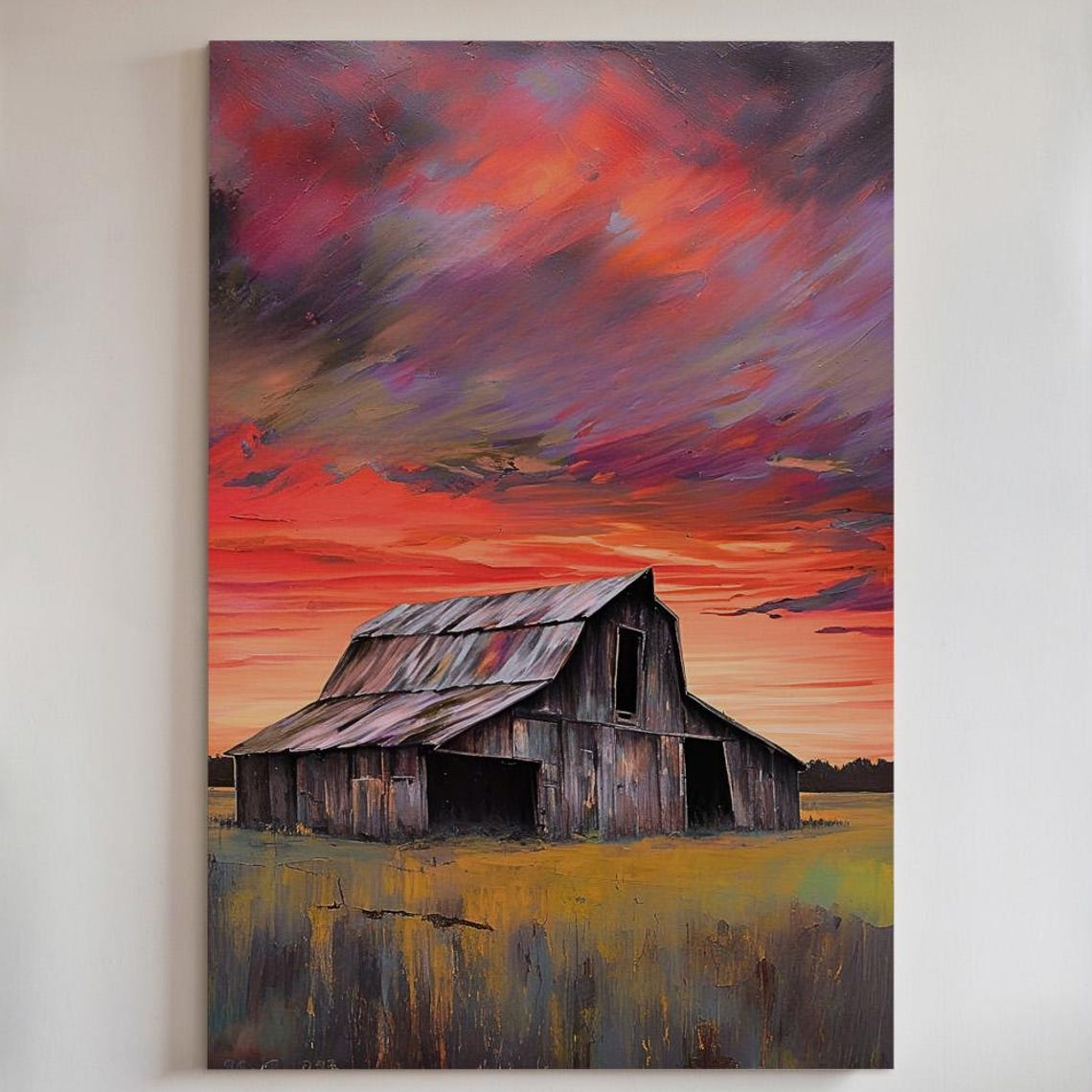 Rustic Old Barn Red Sunset Dramatic Sky Farm Landscape Art Poster