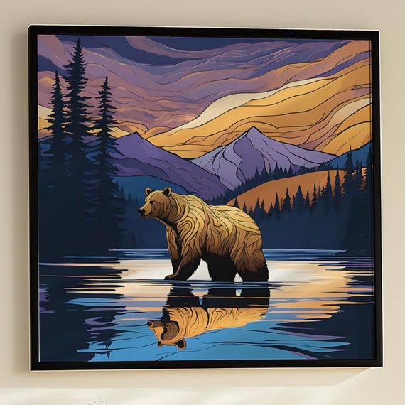 Smiling Bear Lake Reflection Art Print, Mountain Landscape