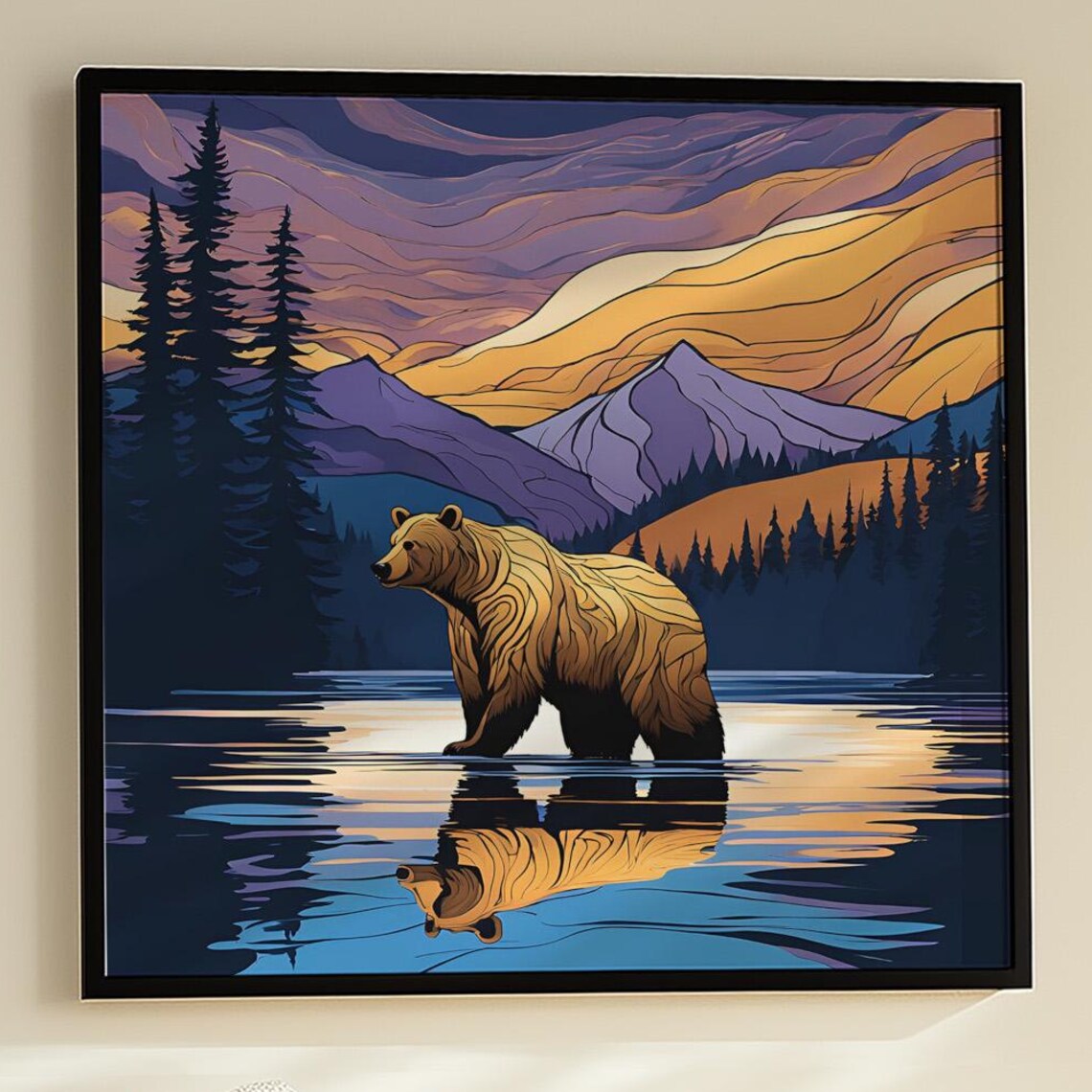 Smiling Bear Lake Reflection Art Print, Mountain Landscape