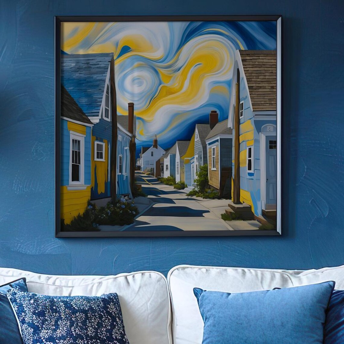 Coastal Cottages Golden Swirling Sky Yellow Blue Seaside Art Poster