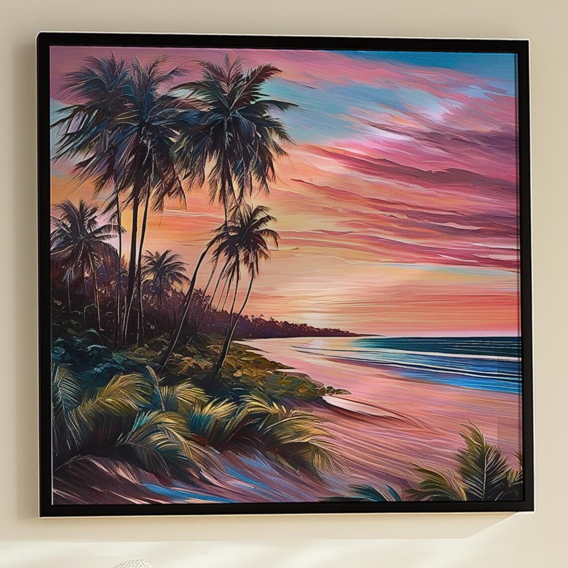 Tropical Sunset Beach Poster Print, Palm Tree Seascape